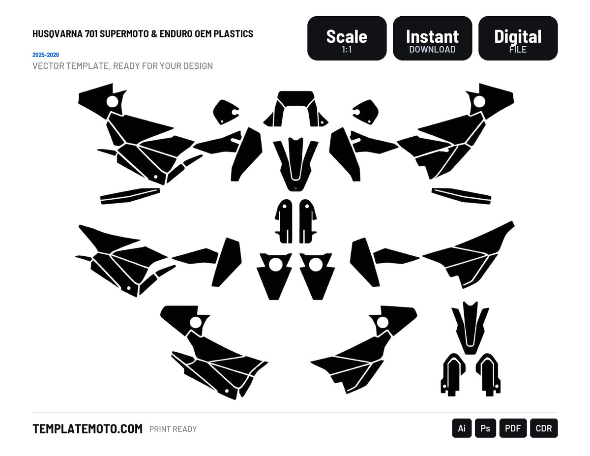 HUSQVARNA 701 SUPERMOTO & ENDURO 2025 2026 OEM PLASTICS Graphics Template Vector, scale 1:1 vector file