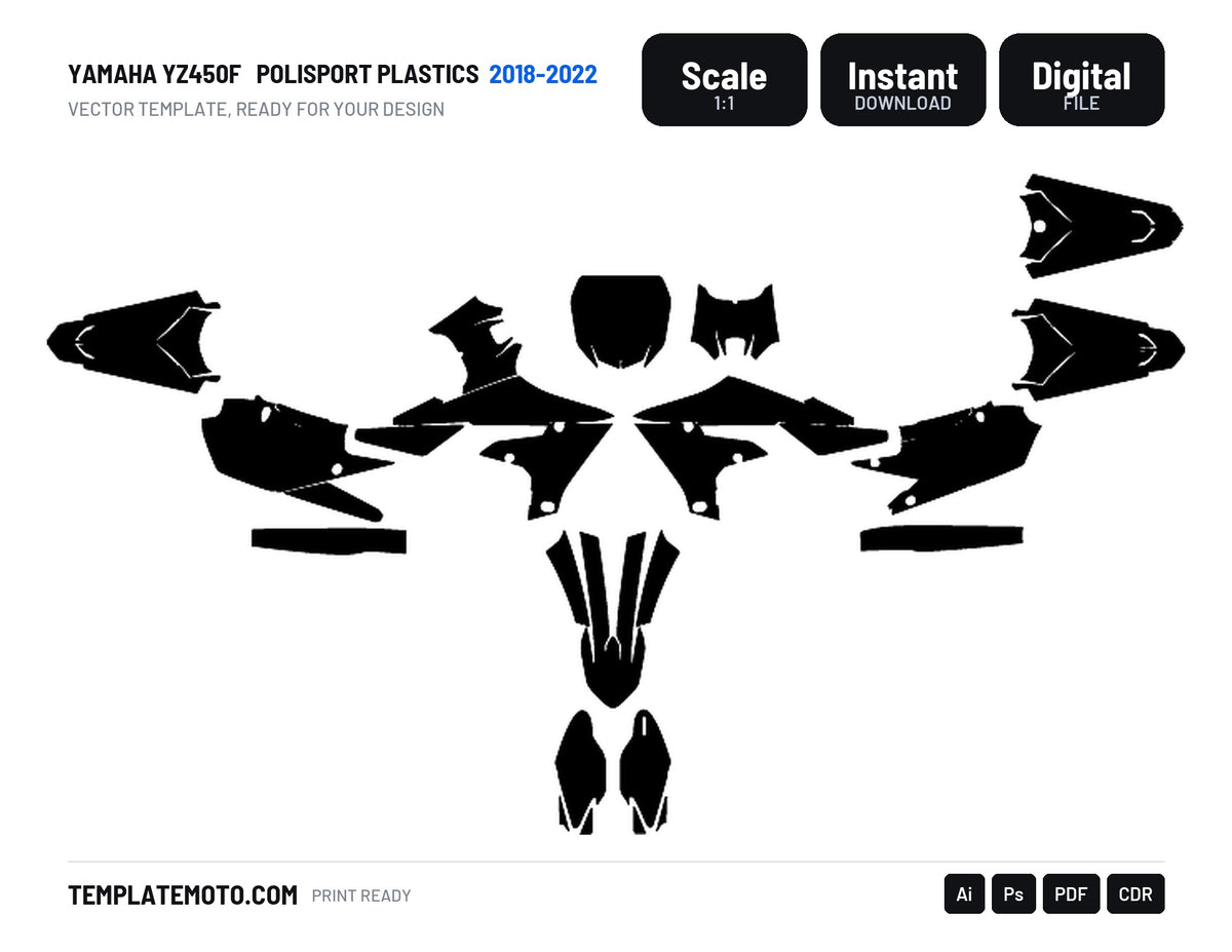 YAMAHA YZ450F 2018-2022 POLISPORT PLASTICS Graphics Template Vector, scale 1:1 vector file