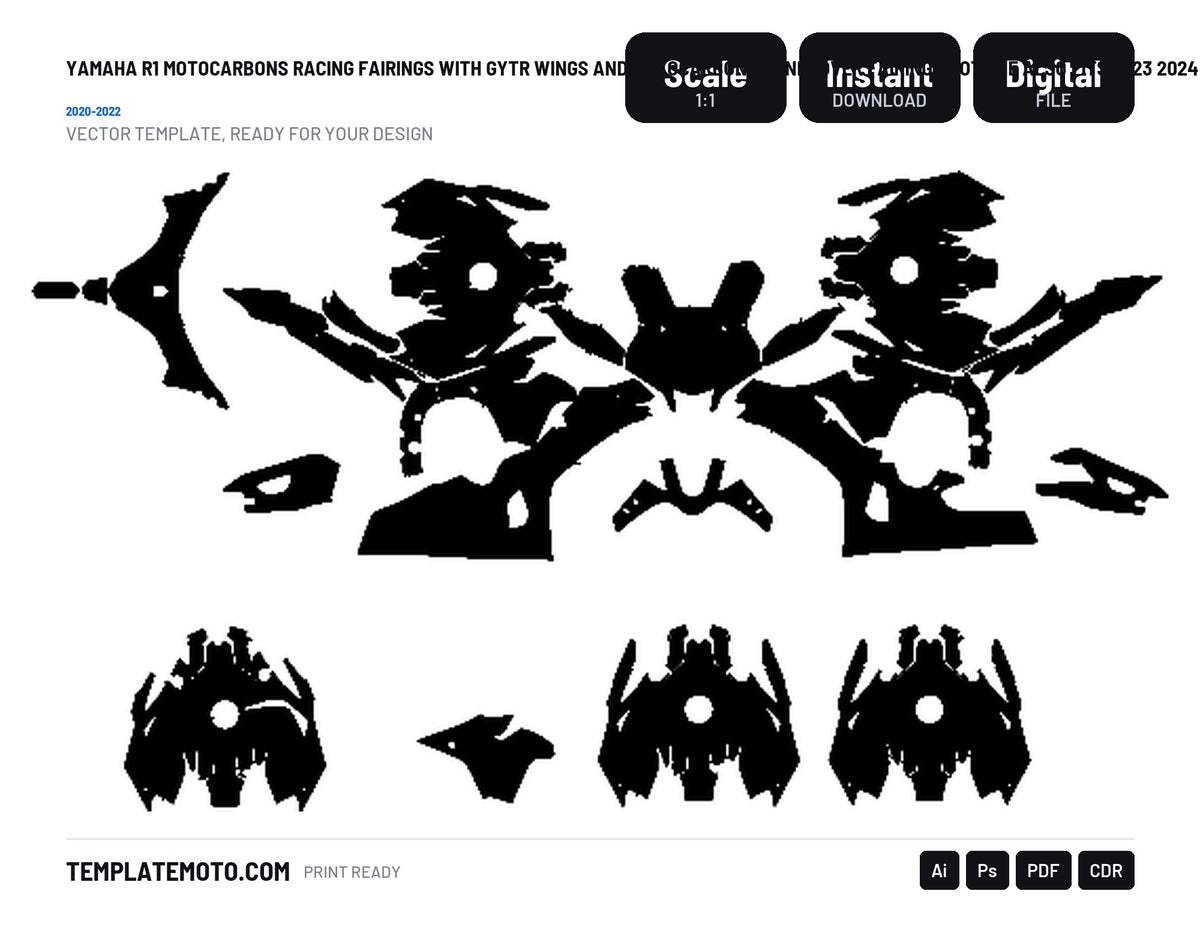 YAMAHA R1 2020 2021 2022 MOTOCARBONS RACING FAIRINGS WITH GYTR WINGS AND MOTOCARBONS TANKCOVER FAIRINGS NOT THE ALSO FIT, scale 1:1 vector file