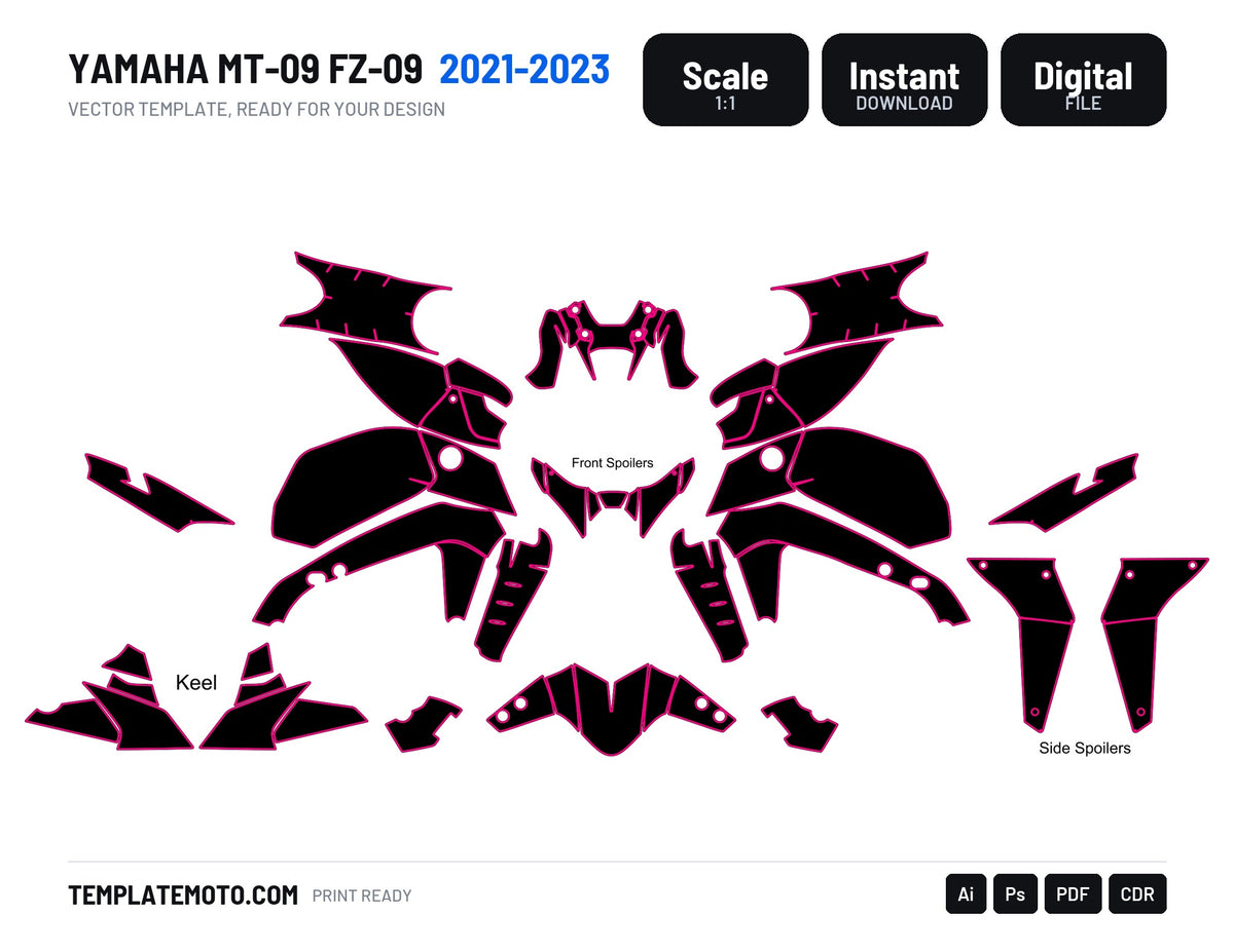 YAMAHA MT 09 FZ 09 2021-2023 Streetbike Graphics Template Vector, scale 1:1 vector file
