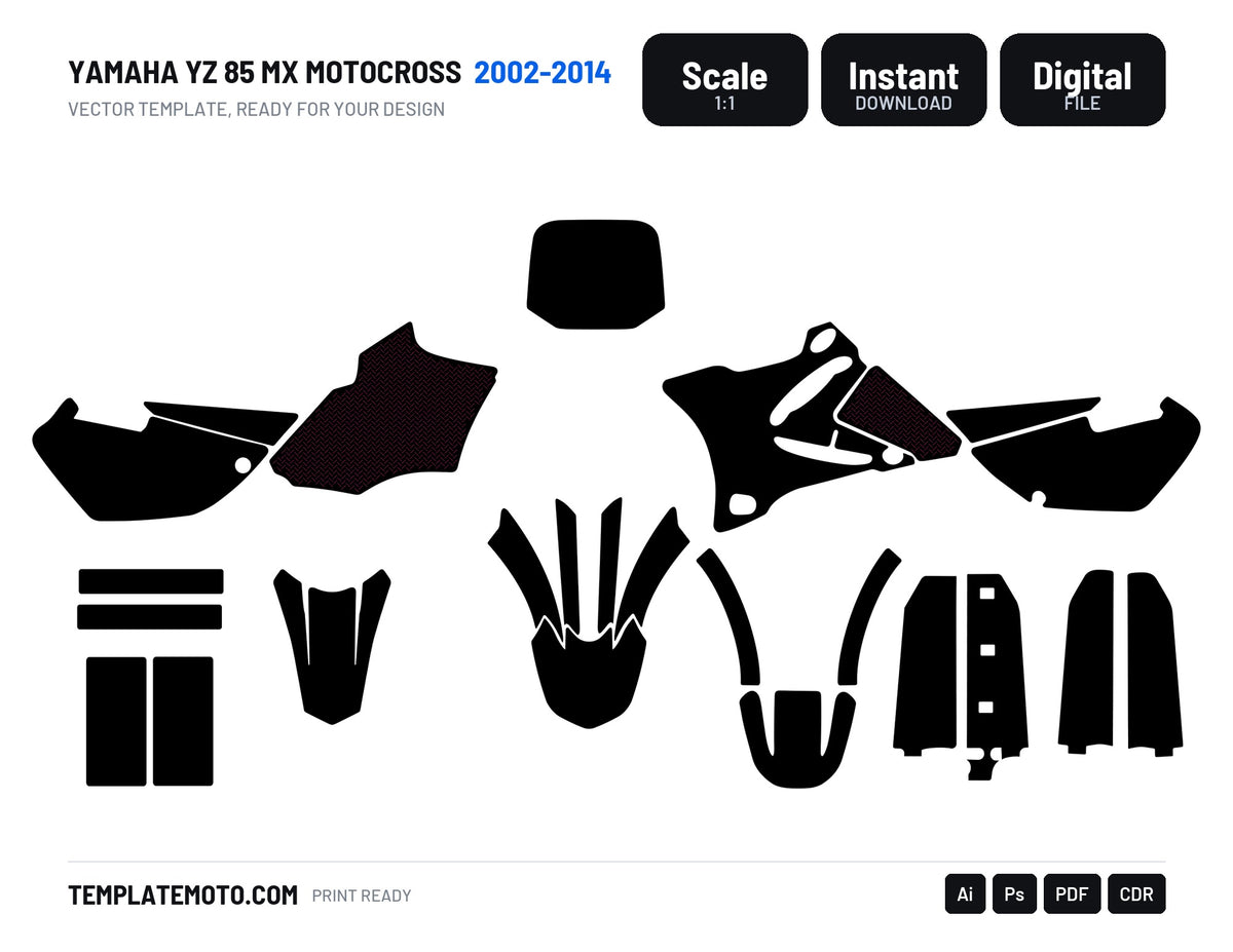 Yamaha YZ 85 MX Motocross 2002 2003 2004 2005 2006 2007 2008 2009 2010 2011 2012 2013 2014 Graphics Template, scale 1:1 vector file