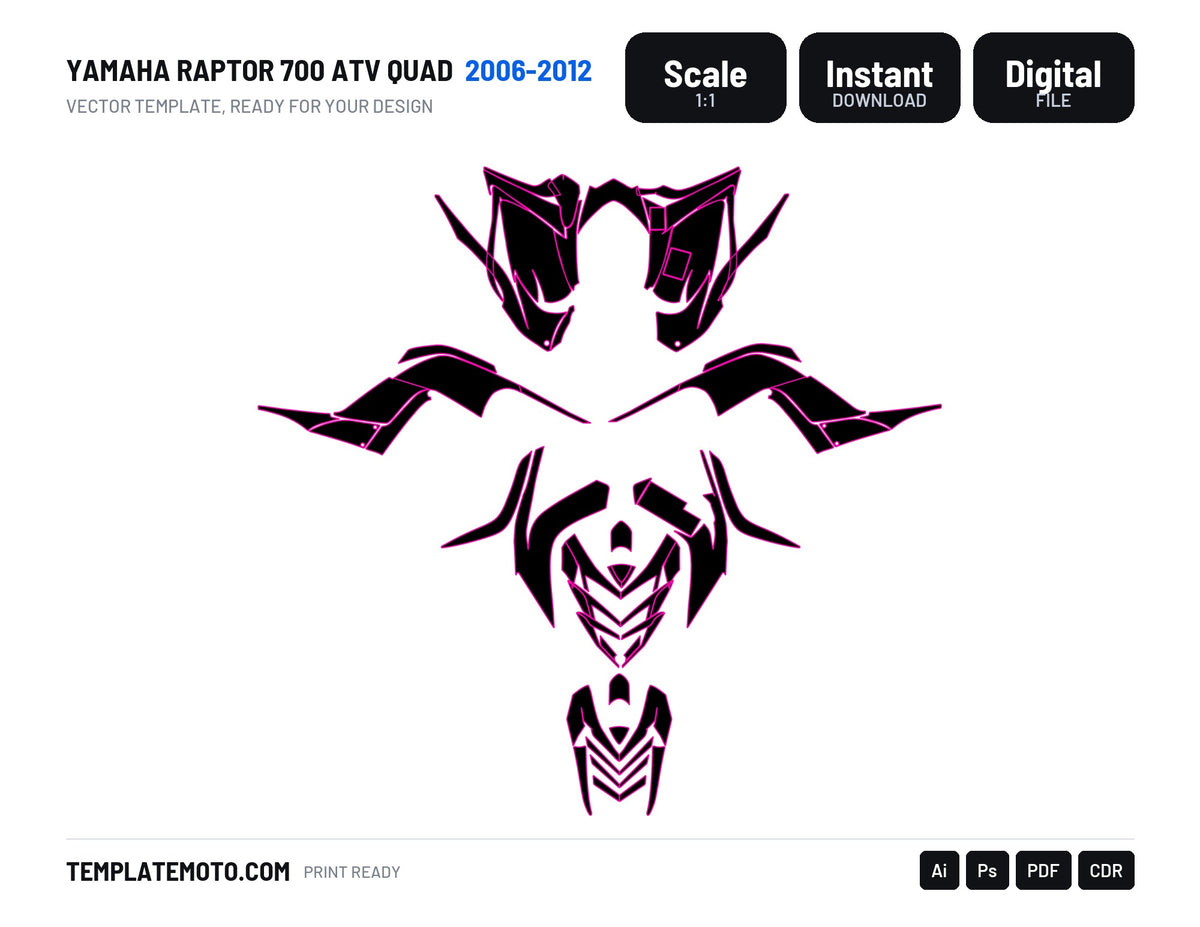 Yamaha Raptor 700 ATV Quad 2006-2012 Graphics Template, scale 1:1 vector file
