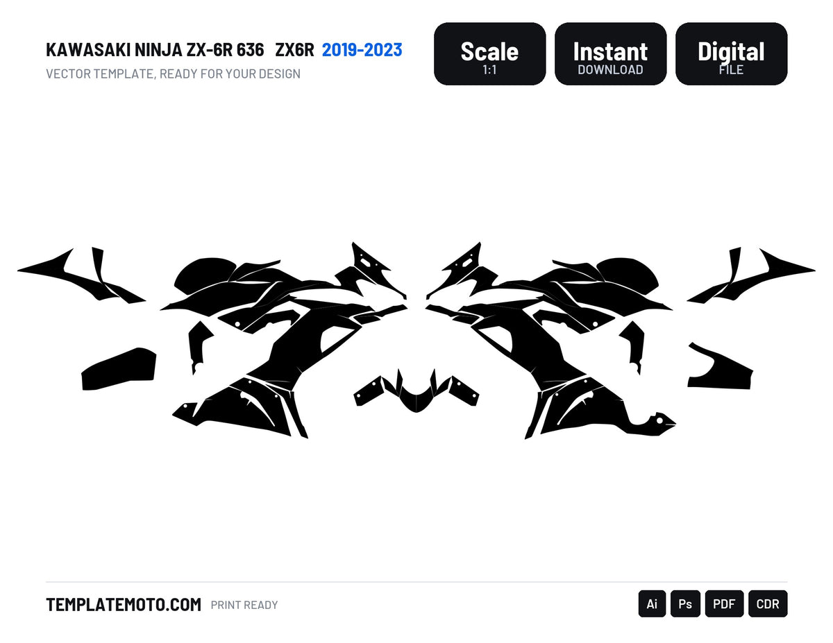 KAWASAKI NINJA ZX-6R 636 2019-2023 ZX6R Graphics Template Vector, scale 1:1 vector file