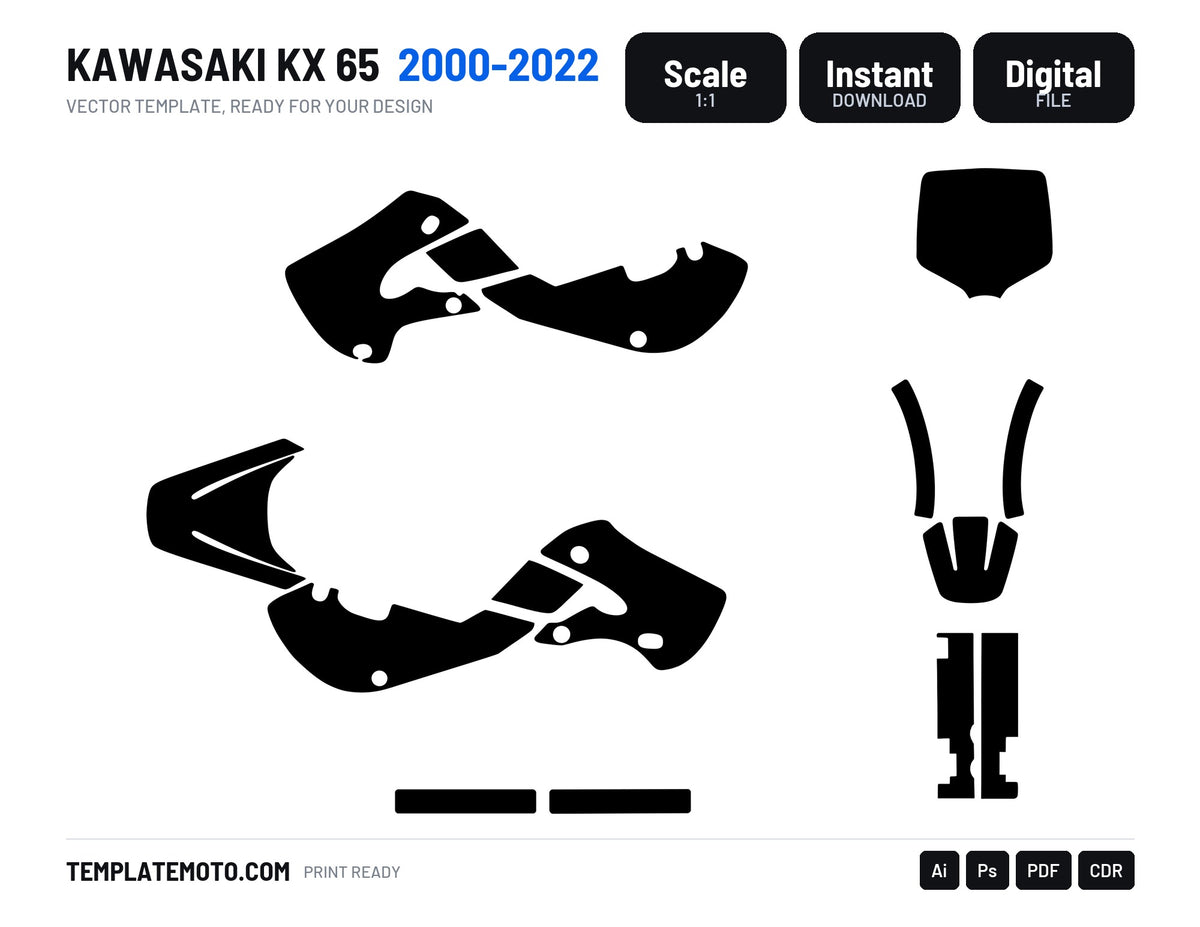 Kawasaki KX 65 MX Motocross 2006 2007 2008 2009 2010 2011 2012 2013 2014 2015 2017 2017 2018 2019 2020 Graphics Template, scale 1:1 vector file