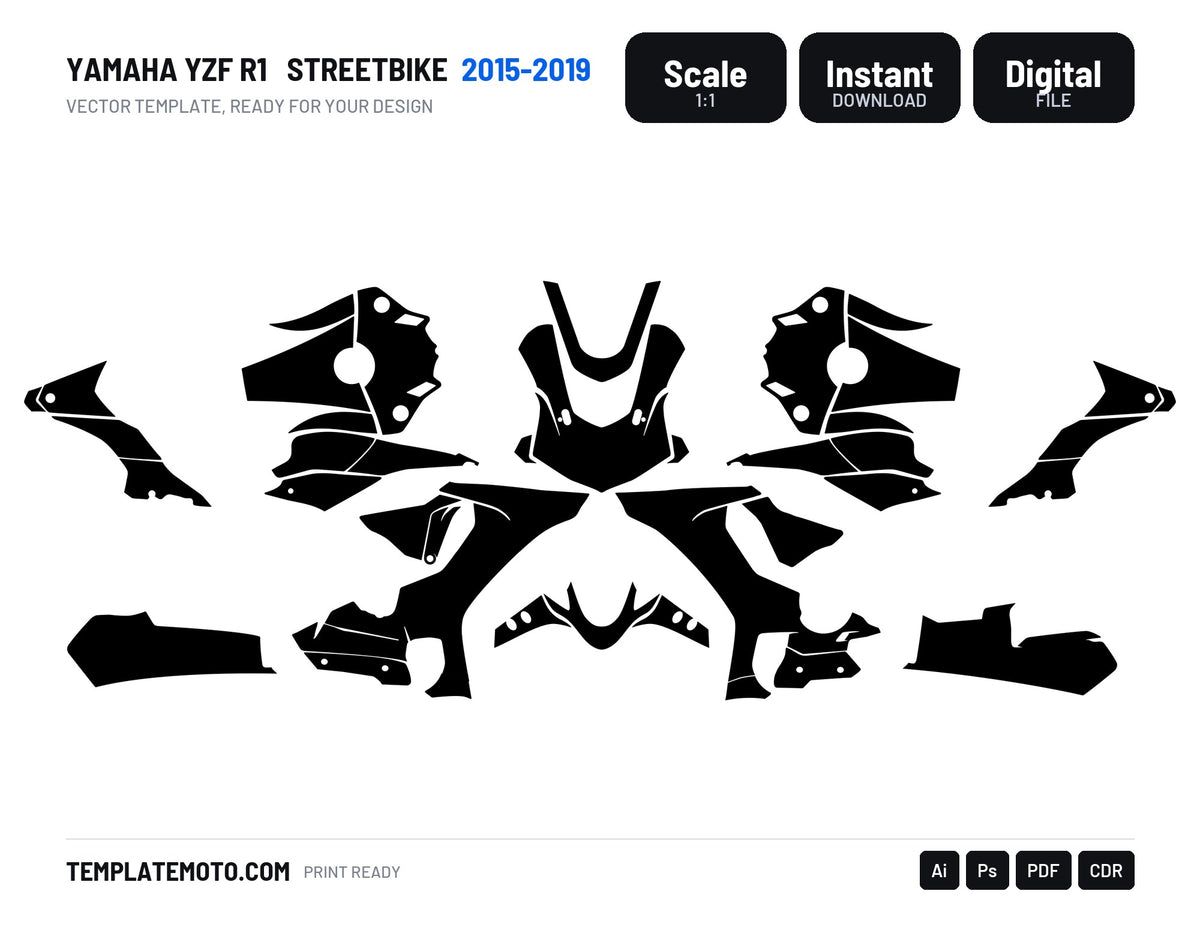 Yamaha YZF R1 (2015-2019) Streetbike Graphics Template Vector, scale 1:1 vector file