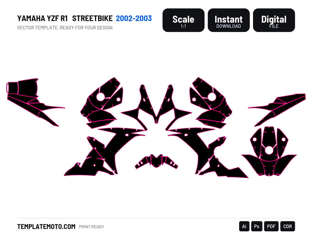Yamaha YZF R1 2002-2003 Streetbike Graphics Template Vector, scale 1:1 vector file