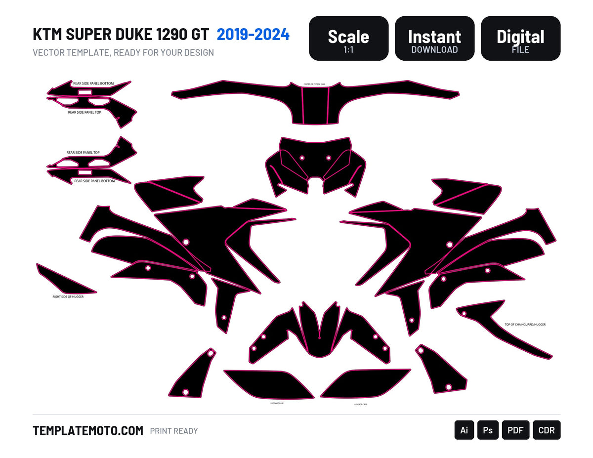 KTM SUPER DUKE 1290 GT 2016-2024 Template vector graphics, scale 1:1 vector file