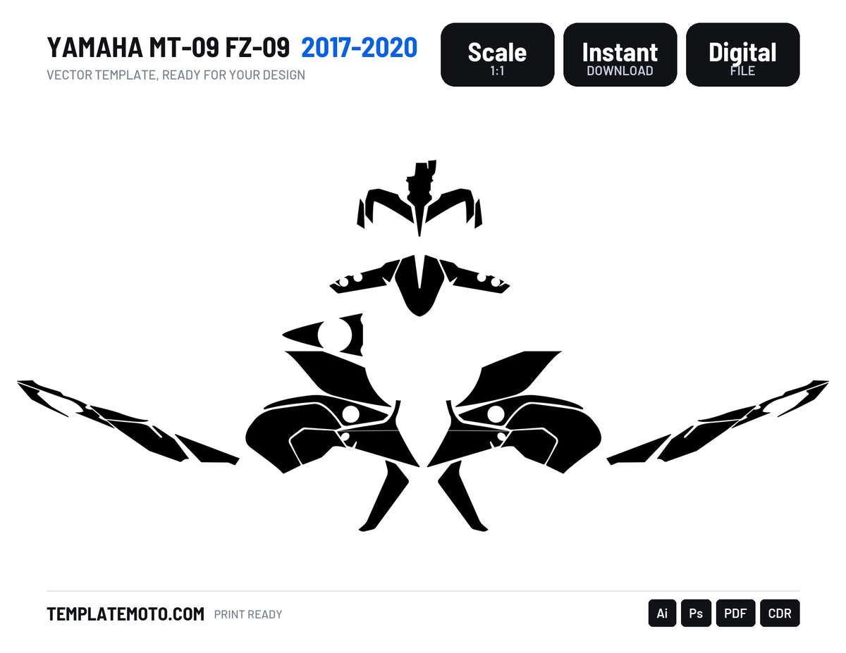 YAMAHA MT 09 FZ 09 2017-2020 Streetbike Graphics Template Vector, scale 1:1 vector file