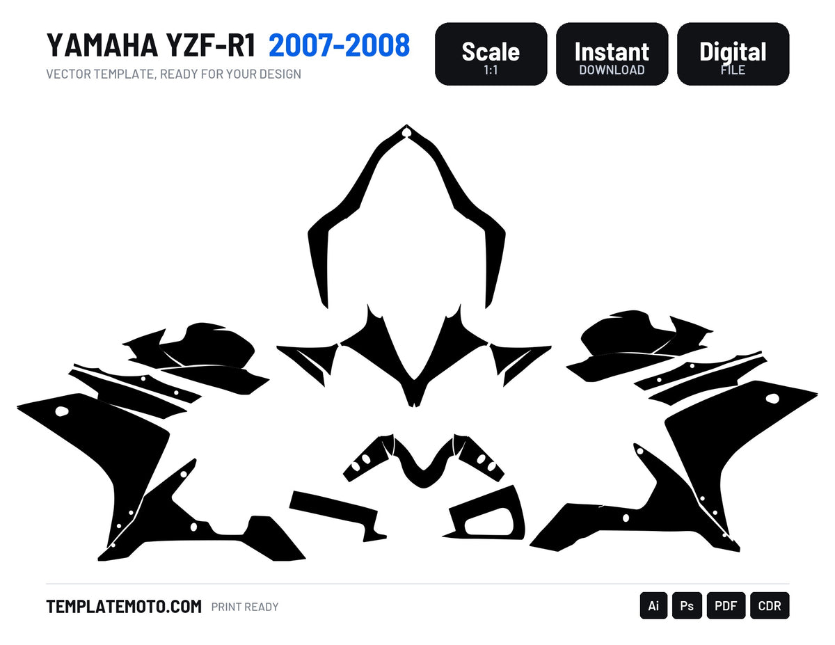 Yamaha YZF R1 (2007-2008) Streetbike Graphics Template Vector, scale 1:1 vector file
