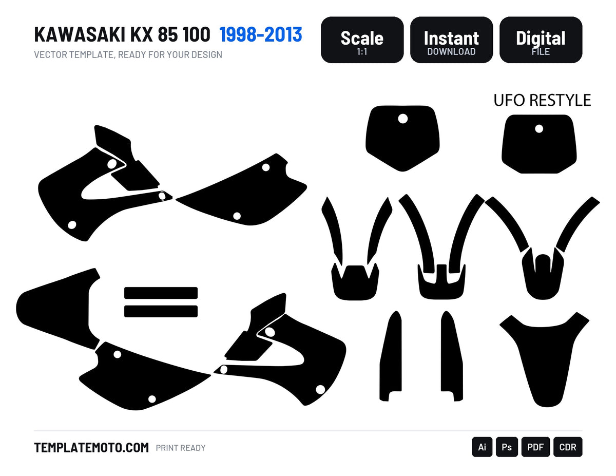 Kawasaki KX 85 100 MX Motocross 1998 1999 2000 2001 2002 2003 2004 2005 2006 2007 2008 2009 2010 2011 2012 2013 Graphics, scale 1:1 vector file