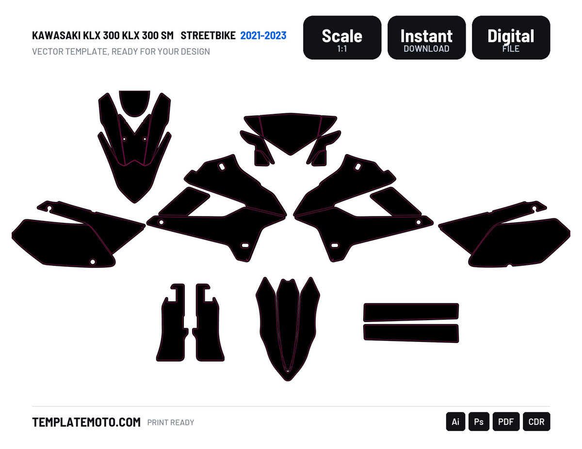KAWASAKI KLX 300 KLX 300 SM 2021-2023 Streetbike Graphics Template Vector, scale 1:1 vector file