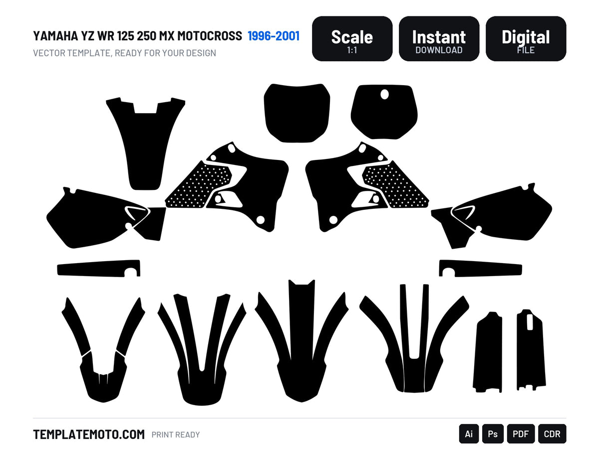 Yamaha YZ WR 125 250 MX Motocross 1996 1997 1998 1999 2000 2001 Graphics Template, scale 1:1 vector file