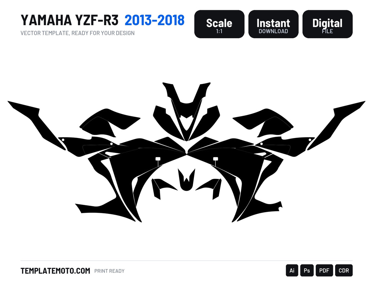 Yamaha YZF R3 (2013-2018) Streetbike Graphics Template Vector, scale 1:1 vector file