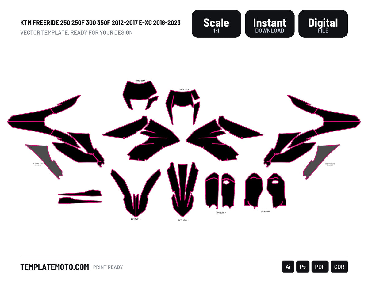 KTM FREERIDE 250 250F 300 350F Enduro 2012-2021 Graphics Template Vector, scale 1:1 vector file