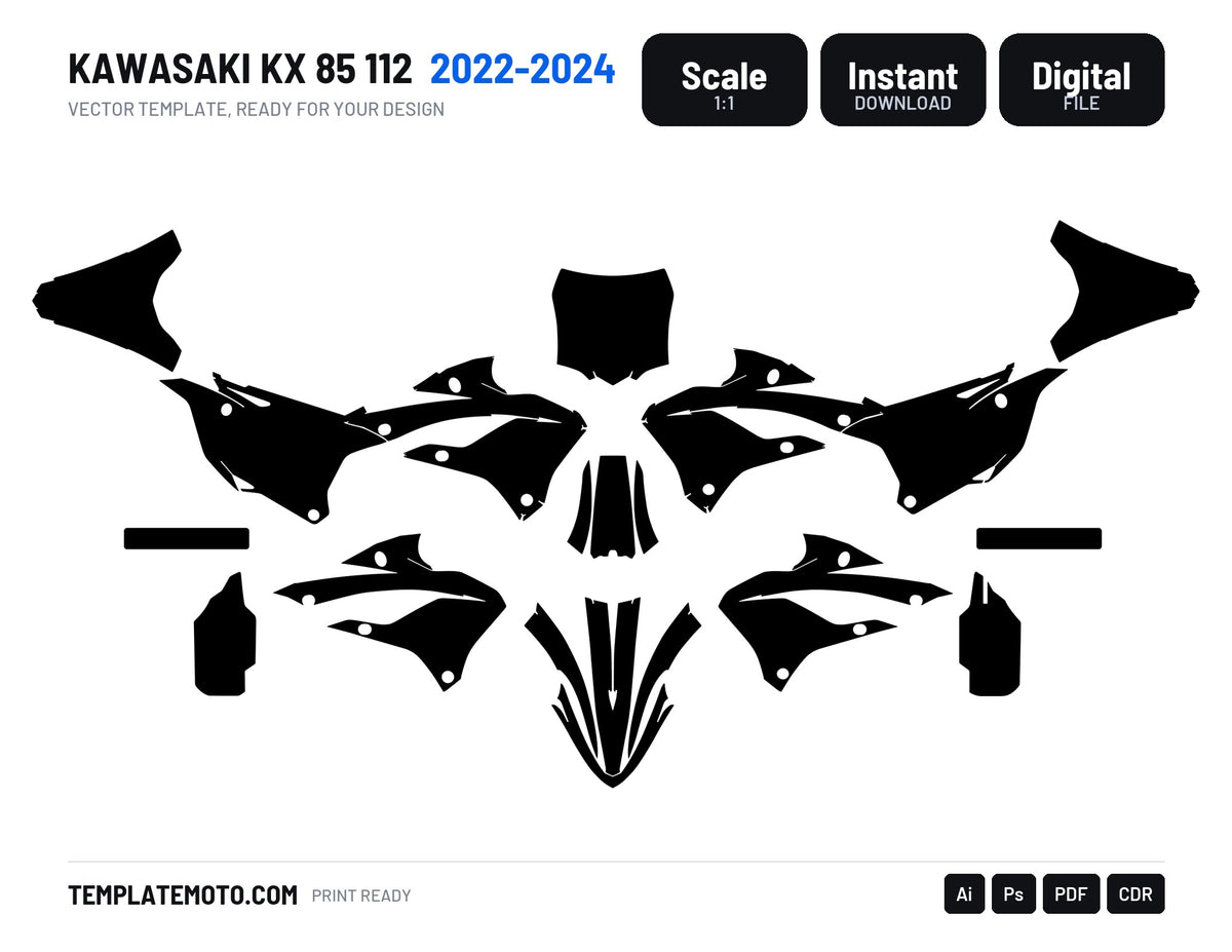 KAWASAKI KX 85 112 2022-2023 template vector graphics, scale 1:1 vector file