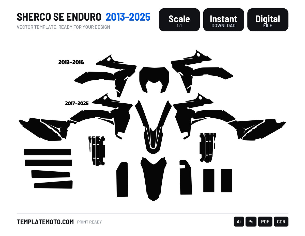 Sherco SE enduro 2013-2016 and 2017-2025 graphics template, scale 1:1 vector file