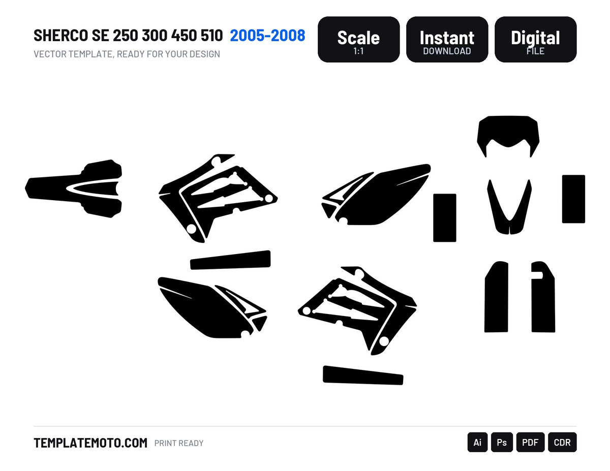 Sherco SE 250 300 450 510 2005-2008 enduro graphics template, scale 1:1 vector file