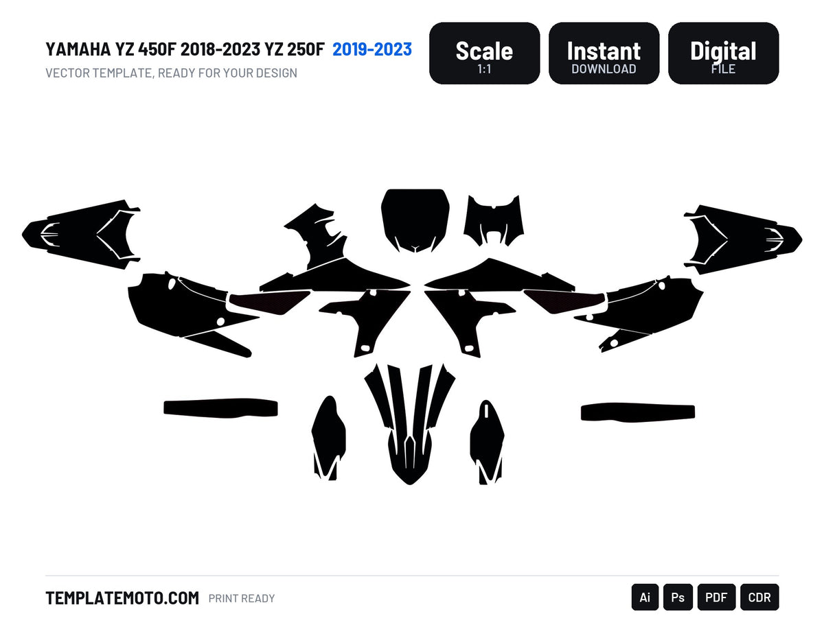 Yamaha YZ 450F 2018-2023 YZ 250F 2019-2023 motocross graphics template, scale 1:1 vector file