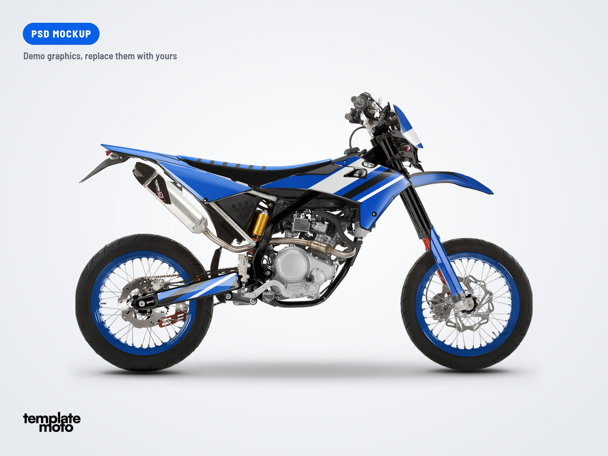 Fantic 50 / 125 supermoto PSD mockup with the TemplateMoto demo graphics kit