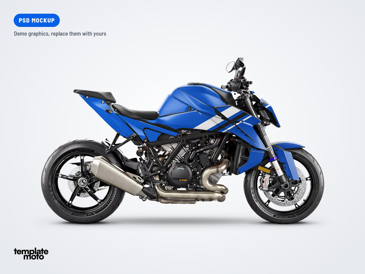KTM 1390 Super Duke R 2024 PSD mockup with the TemplateMoto demo graphics kit