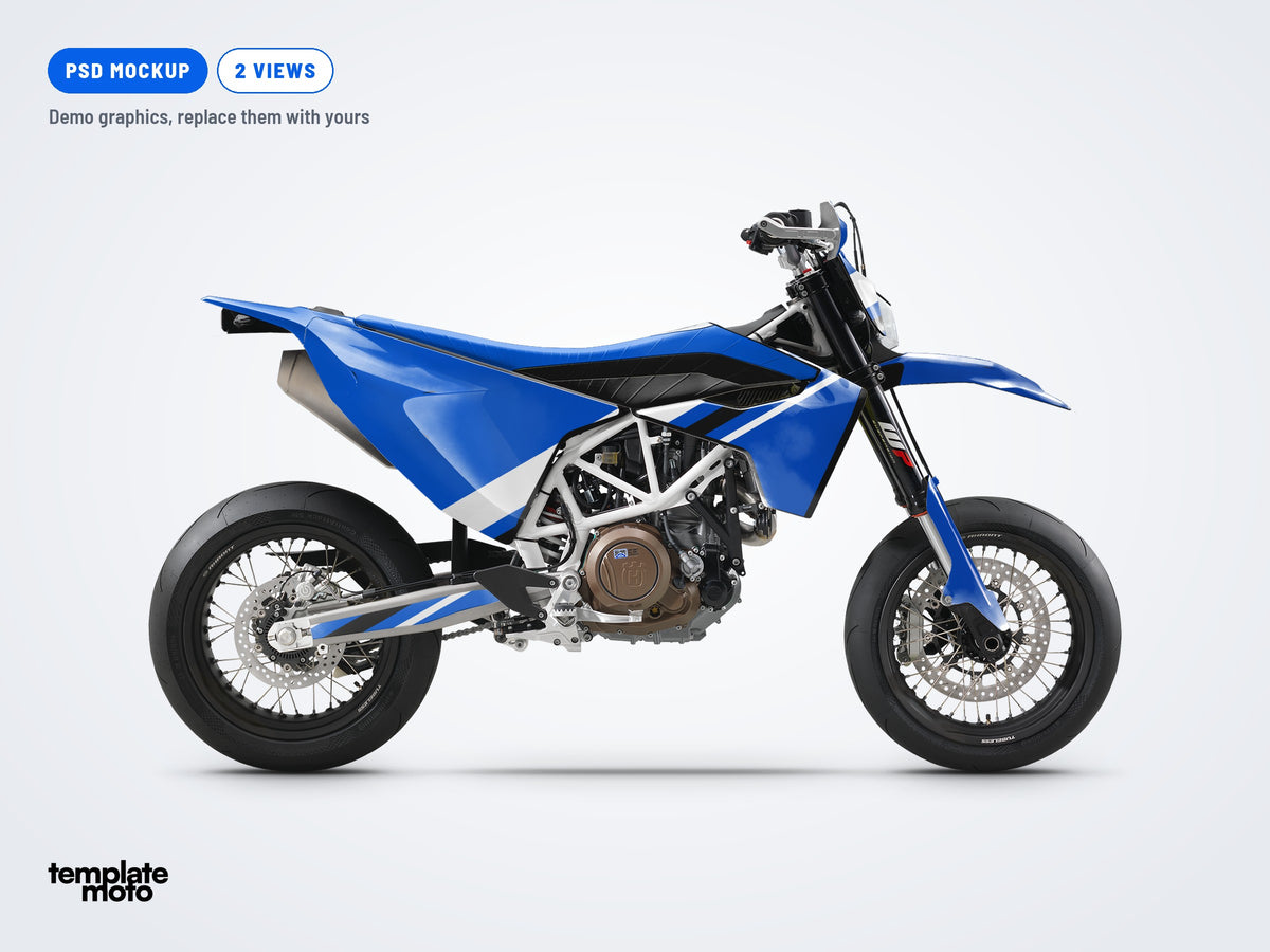 Husqvarna 701 Supermoto 2016-2022 PSD mockup with the TemplateMoto demo graphics kit, side view