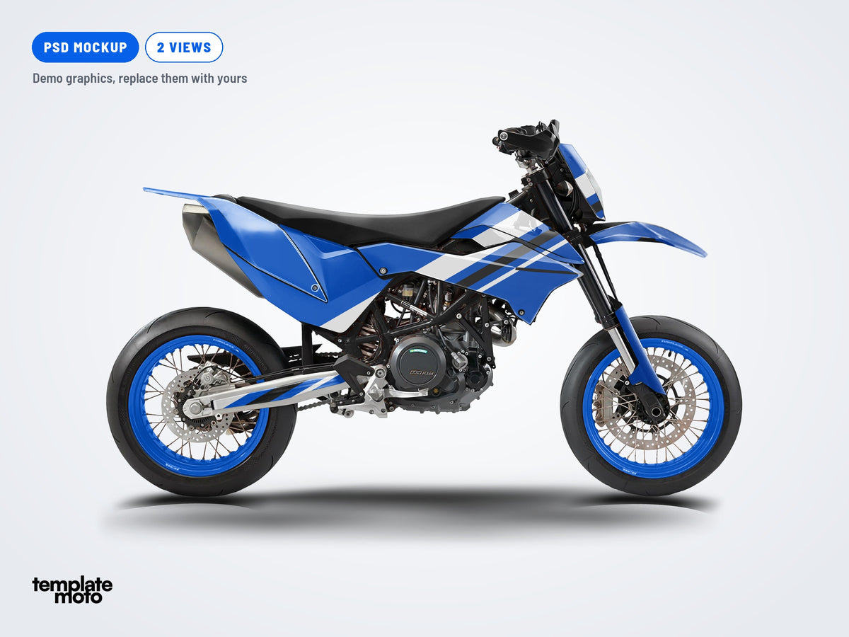 KTM 690 SMC R 2011-2016 PSD mockup with the TemplateMoto demo graphics kit
