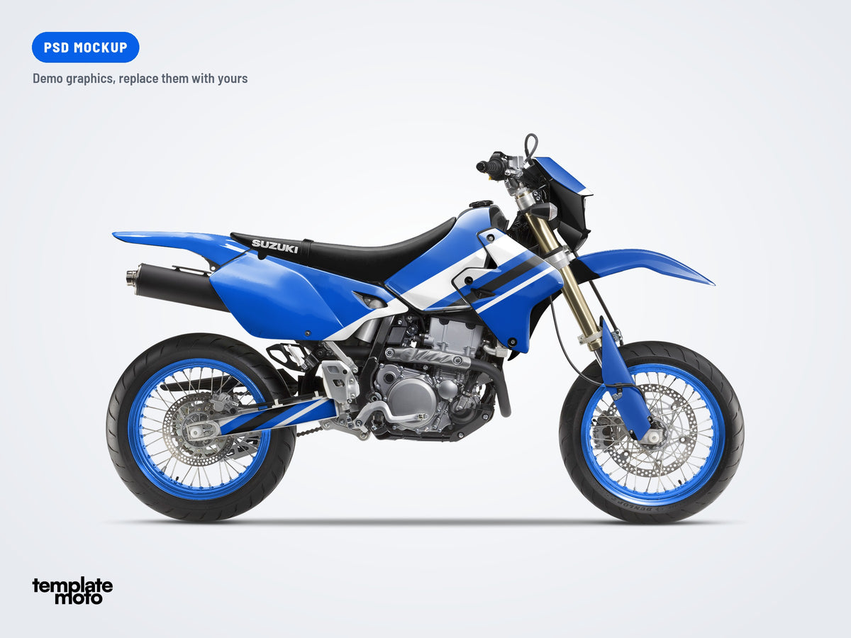 Suzuki DRZ 400 SM PSD mockup with the TemplateMoto demo graphics kit