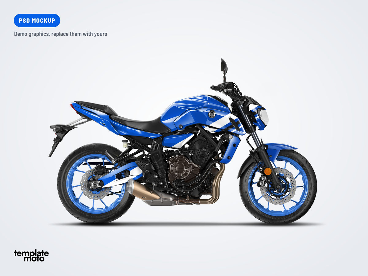 Yamaha MT-07 2018-2020 PSD mockup with the TemplateMoto demo graphics kit