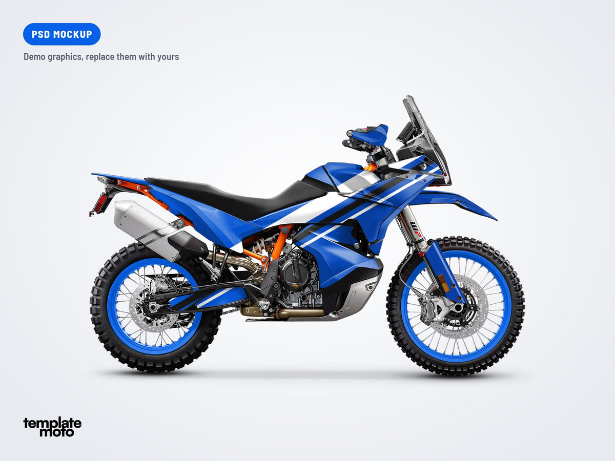 KTM 890 Adventure 2023-2026 PSD mockup with the TemplateMoto demo graphics kit