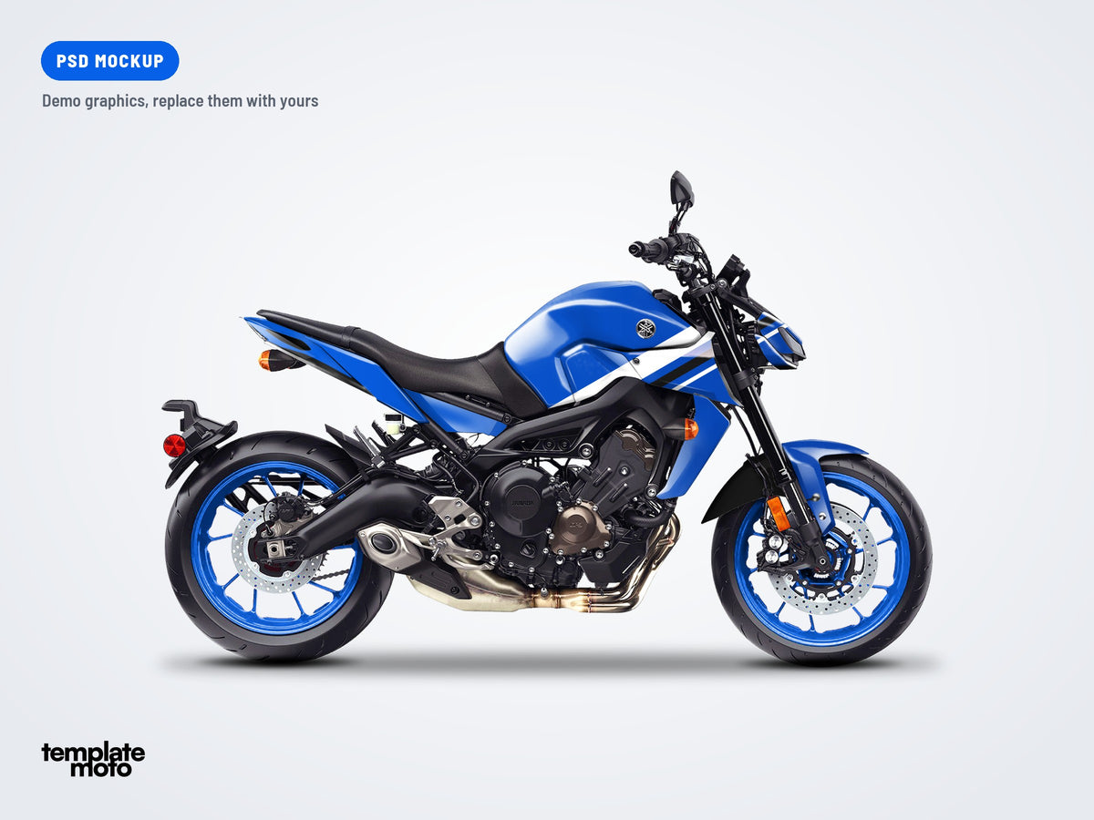 Yamaha MT-09 2017-2020 PSD mockup with the TemplateMoto demo graphics kit