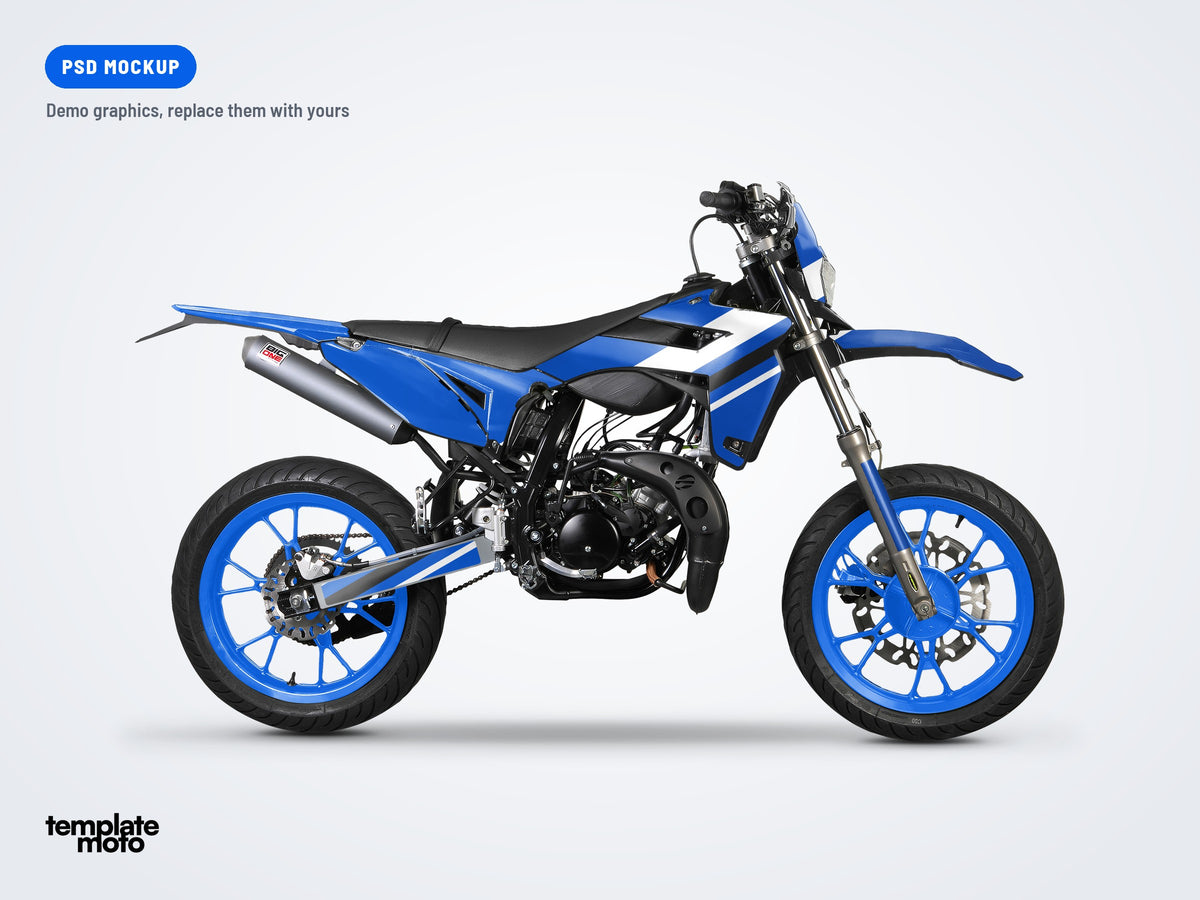 Sherco 50 SM-R 2017-2025 PSD mockup with the TemplateMoto demo graphics kit