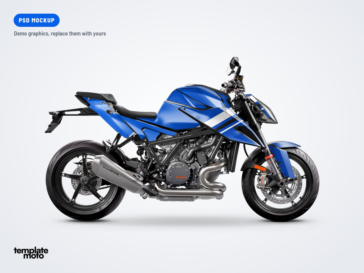 KTM 1290 Super Duke R 2020-2024 PSD mockup with the TemplateMoto demo graphics kit