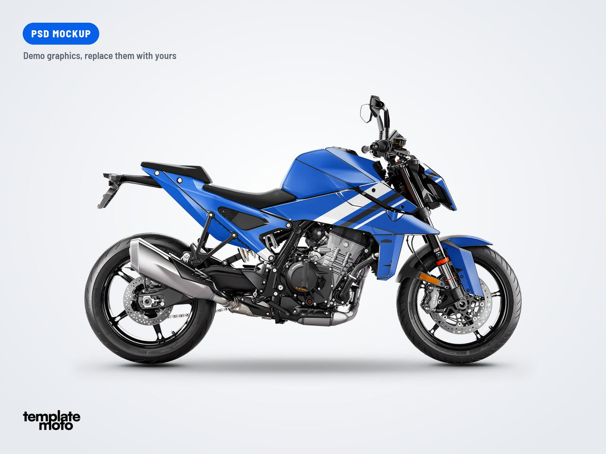 KTM 990 Duke 2024 PSD mockup with the TemplateMoto demo graphics kit