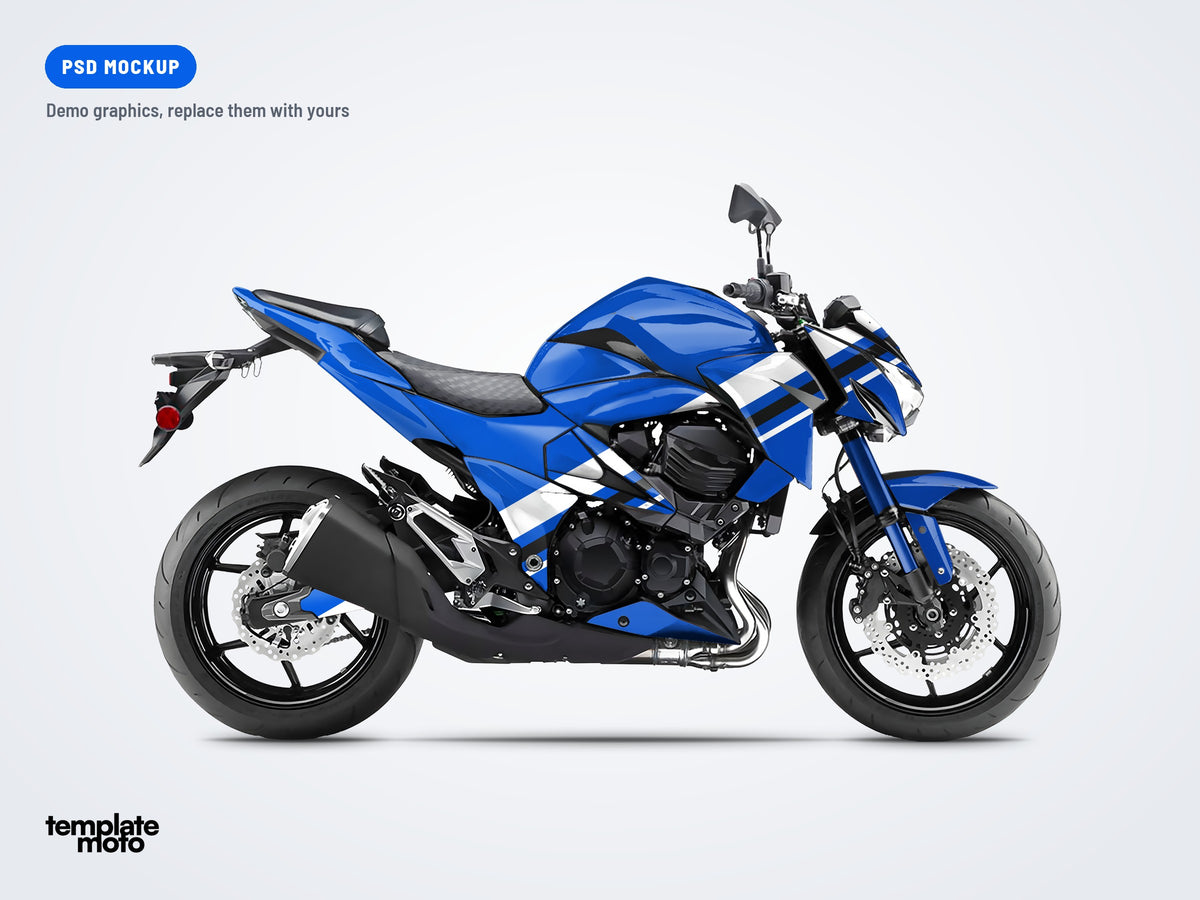 Kawasaki Z800 2013-2016 PSD mockup with the TemplateMoto demo graphics kit