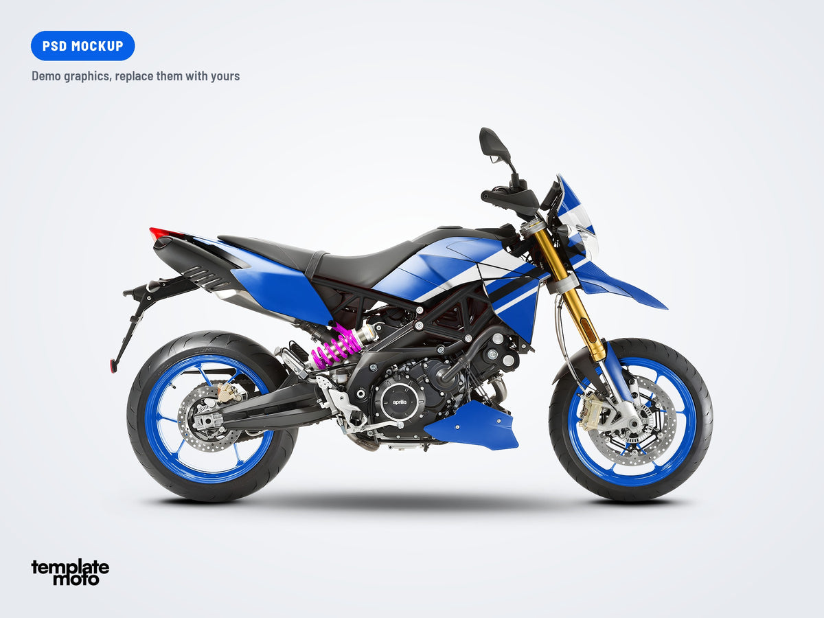 Aprilia Dorsoduro 900 2017-2020 PSD mockup with the TemplateMoto demo graphics kit