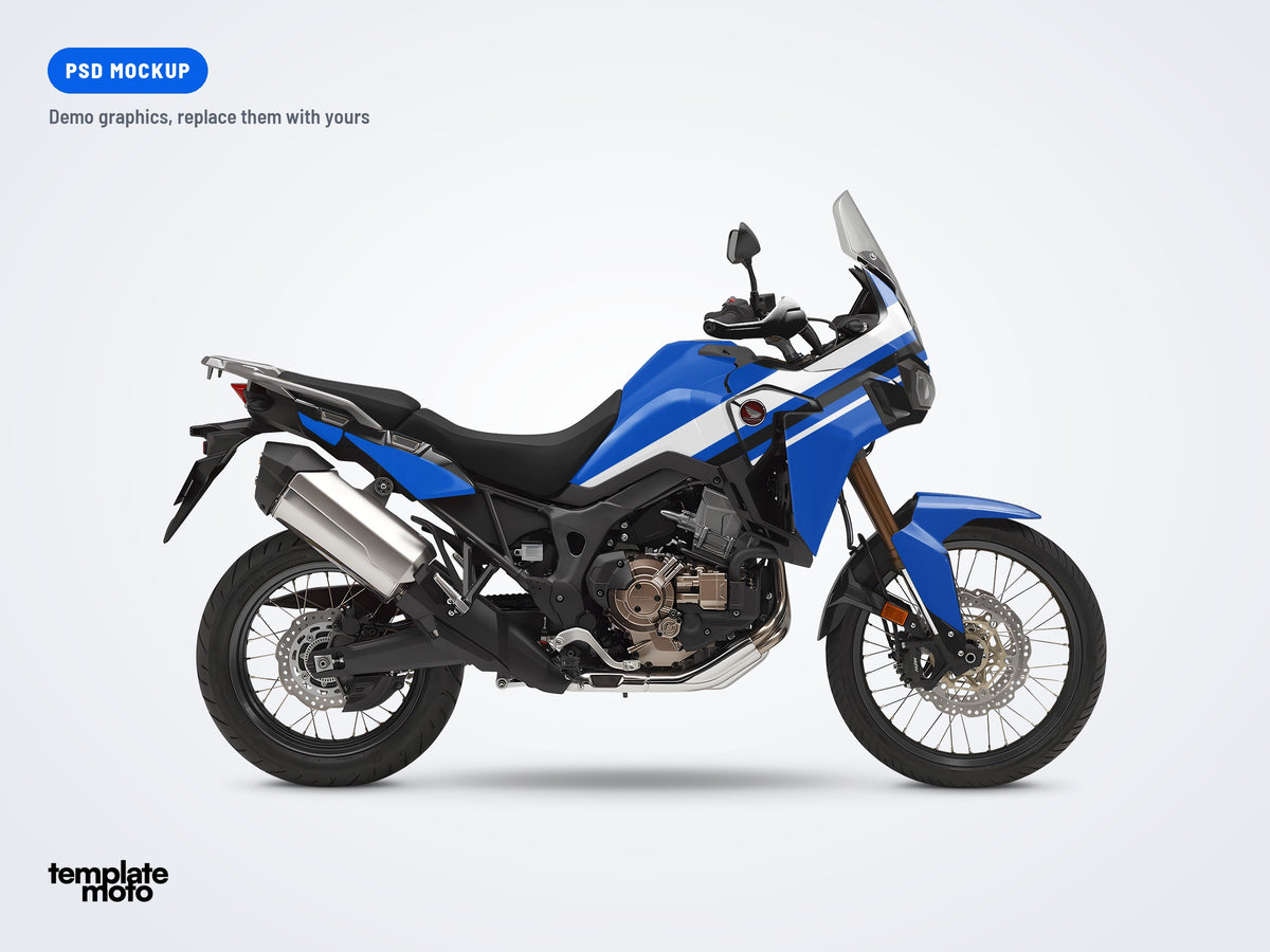 Honda Africa Twin CRF 1000 / 1100 PSD mockup with the TemplateMoto demo graphics kit