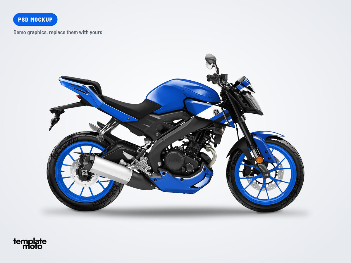 Yamaha MT-125 2020-2024 PSD mockup with the TemplateMoto demo graphics kit