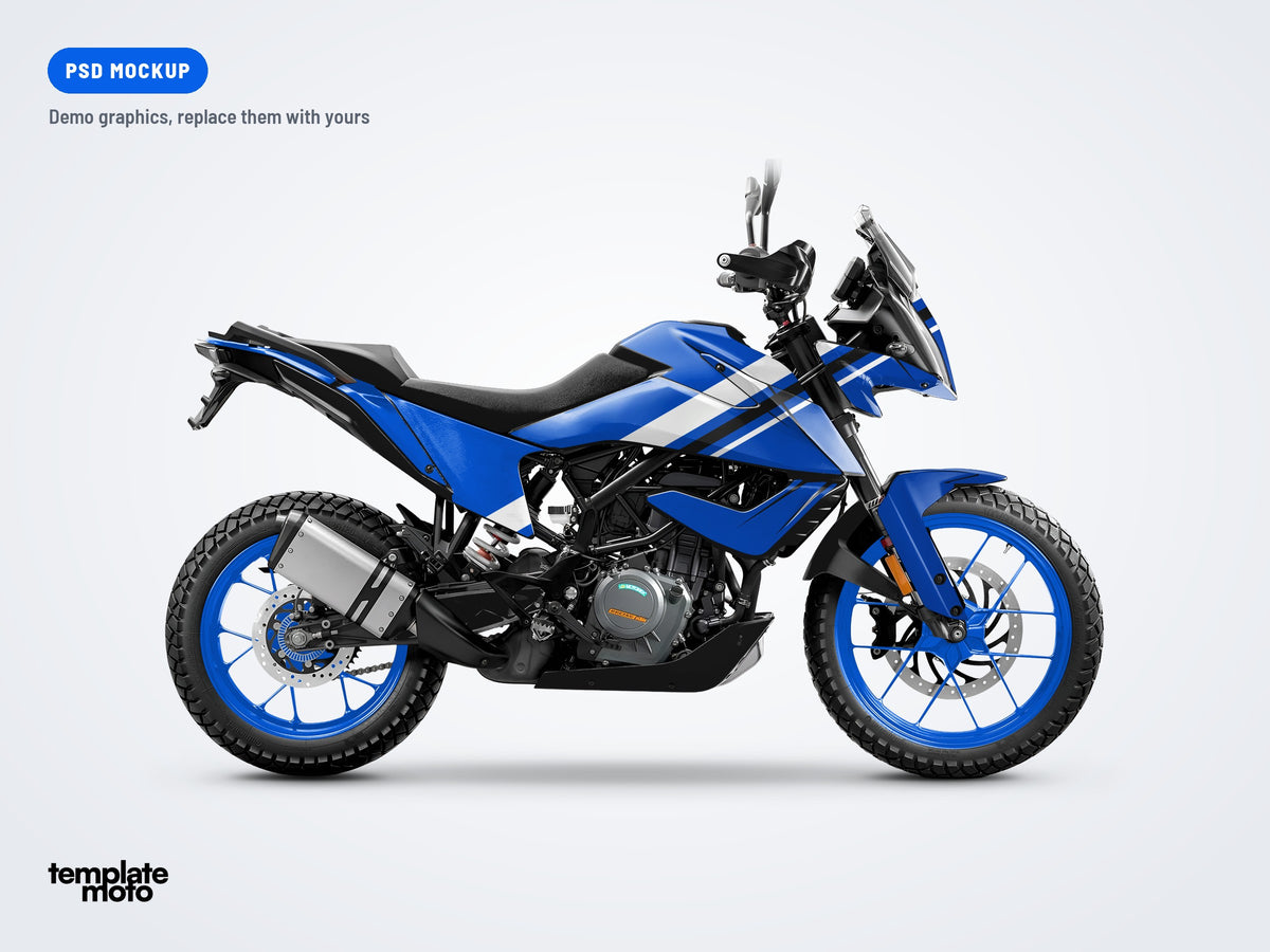 KTM 390 Adventure 2020-2022 PSD mockup with the TemplateMoto demo graphics kit