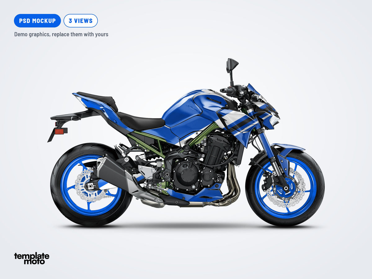 Kawasaki Z900 2020-2023 PSD mockup with the TemplateMoto demo graphics kit