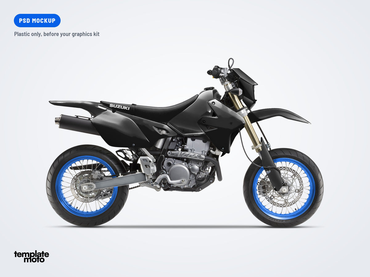 The same Suzuki DRZ 400 SM mockup, plastic only, before the graphics kit