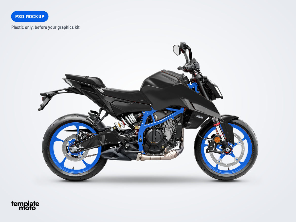 The same KTM 390 Duke 2024 mockup, plastic only, before the graphics kit