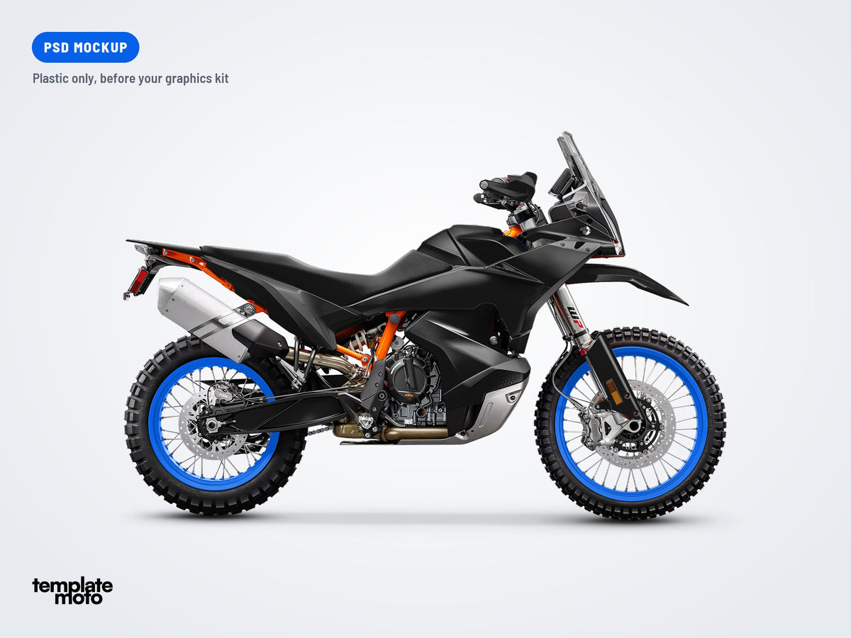 The same KTM 890 Adventure 2023-2026 mockup, plastic only, before the graphics kit