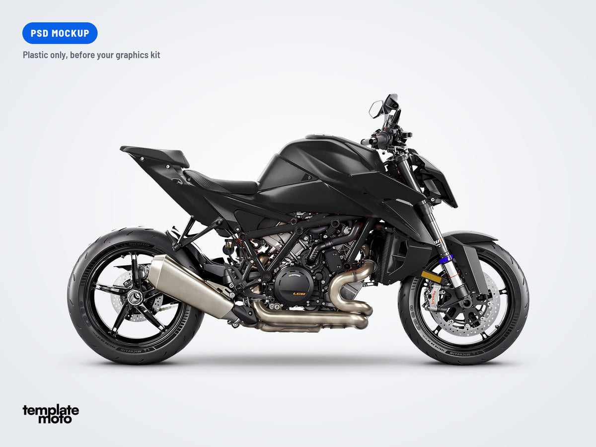 The same KTM 1390 Super Duke R 2024 mockup, plastic only, before the graphics kit
