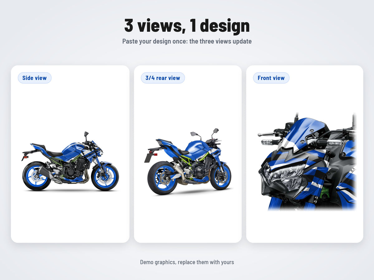 The three views of the Kawasaki Z900 2020-2023 mockup with the same design