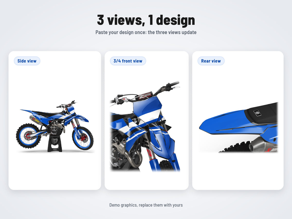 The three views of the KTM SX SXF 2023-2025 and EXC 2024-2026 mockup with the same design