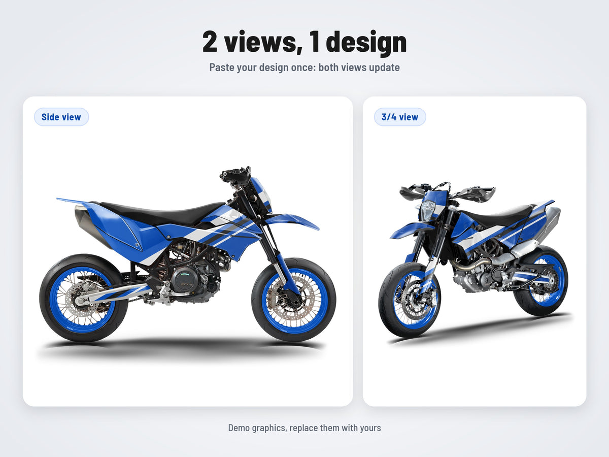 The two views of the KTM 690 SMC R 2011-2016 mockup, side and 3/4, with the same design