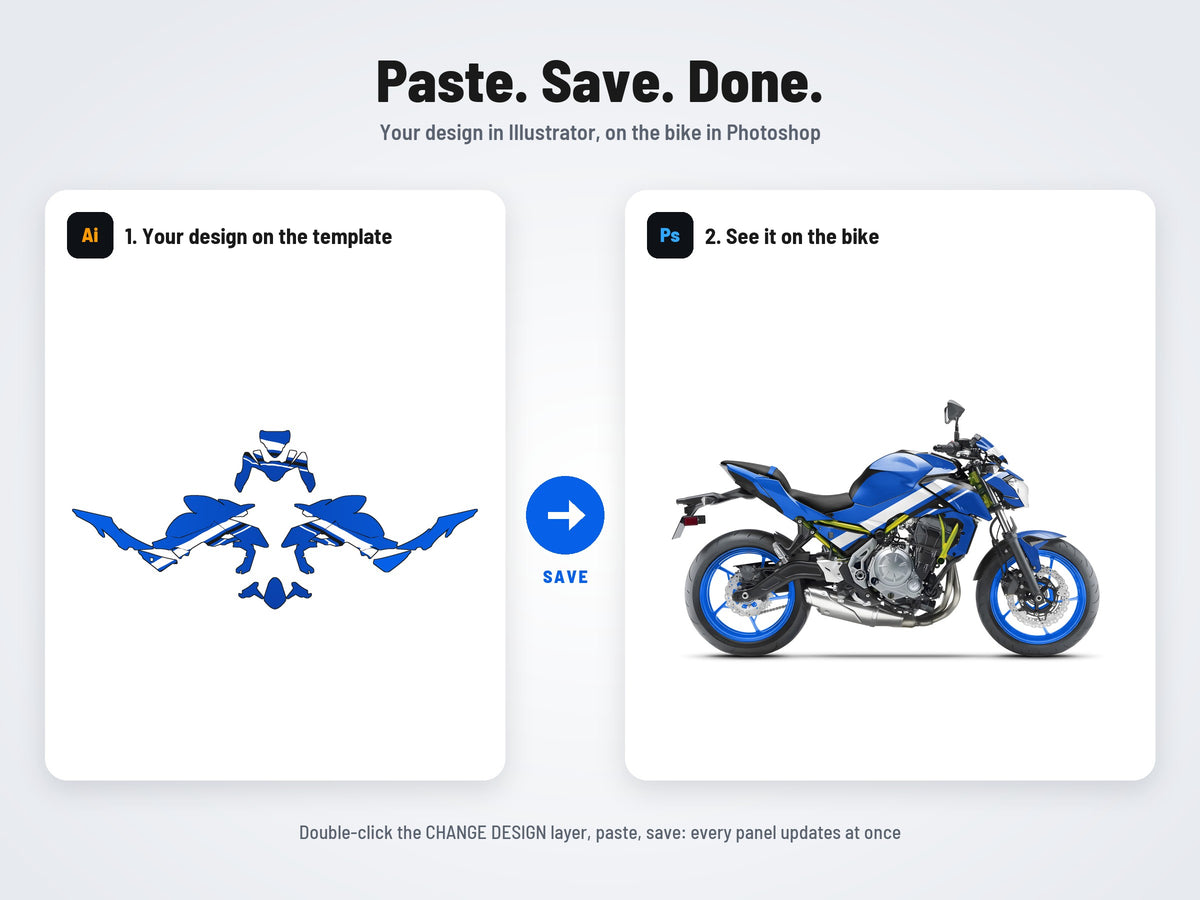 How it works: your design on the flat template in Illustrator, on the bike in Photoshop