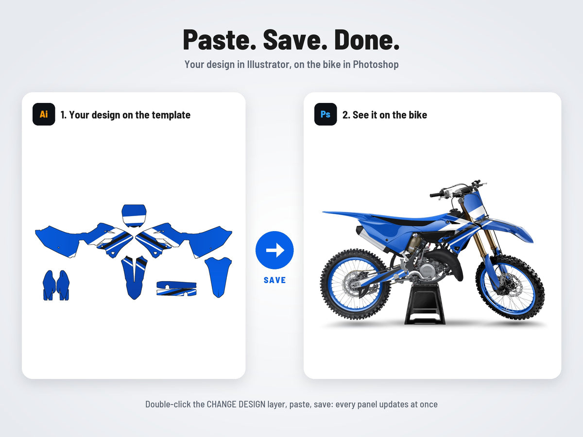 How it works: your design on the flat template in Illustrator, on the bike in Photoshop