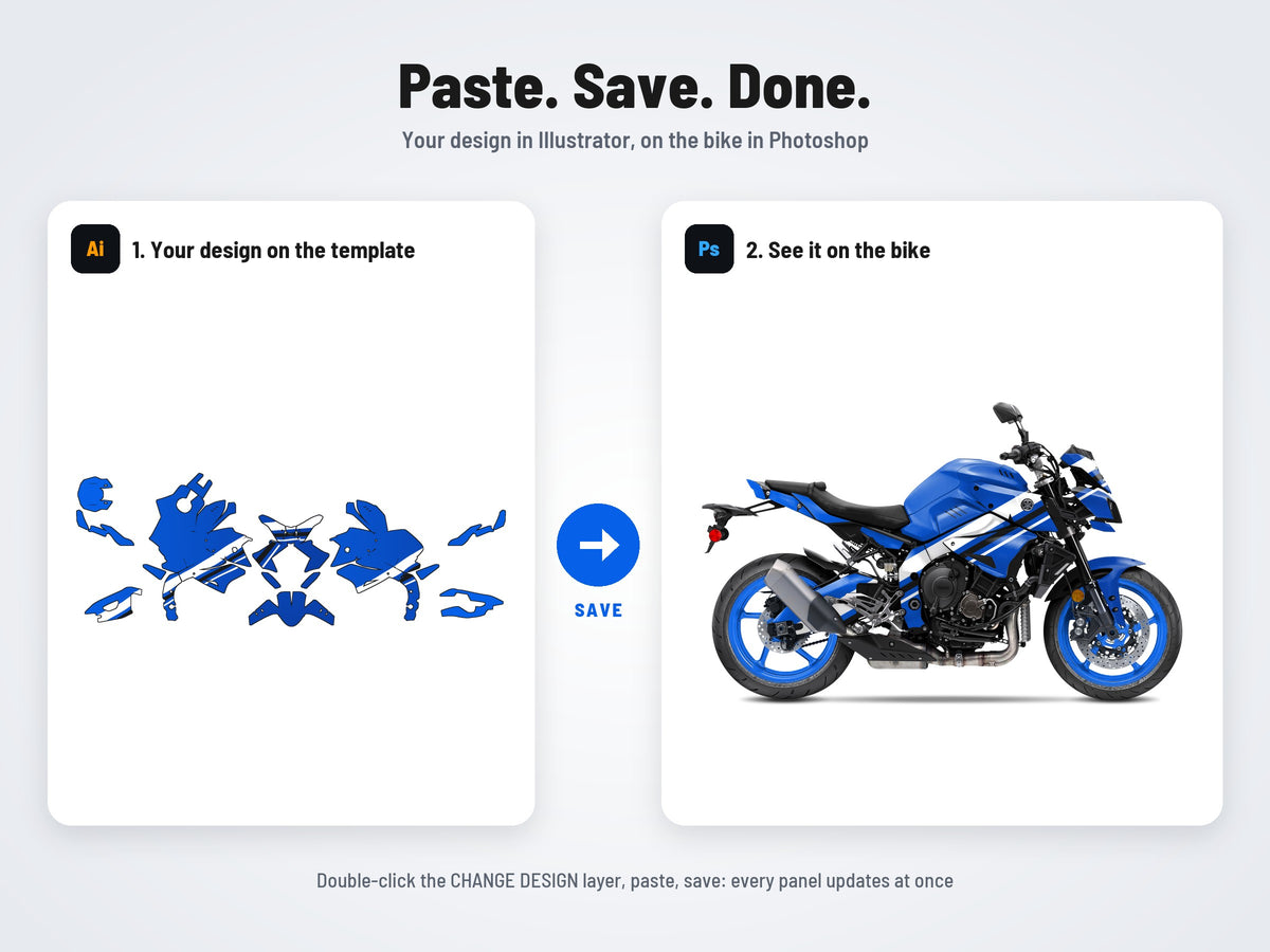 How it works: your design on the flat template in Illustrator, on the bike in Photoshop