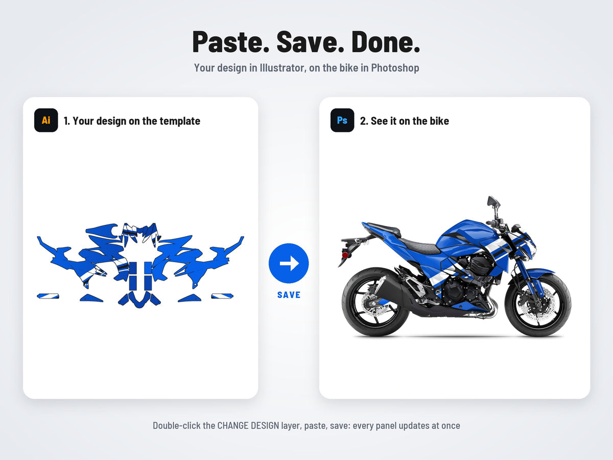 How it works: your design on the flat template in Illustrator, on the bike in Photoshop